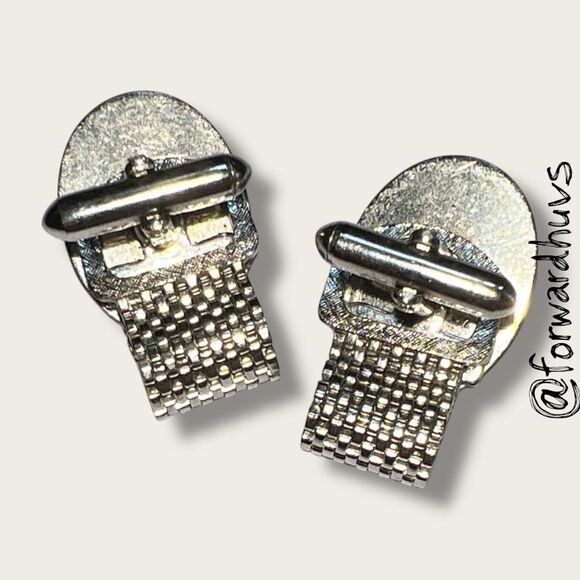 Vintage Silver-Tone Mesh Cufflinks – Faceted Blue Glass Stones - Picture 3 of 9